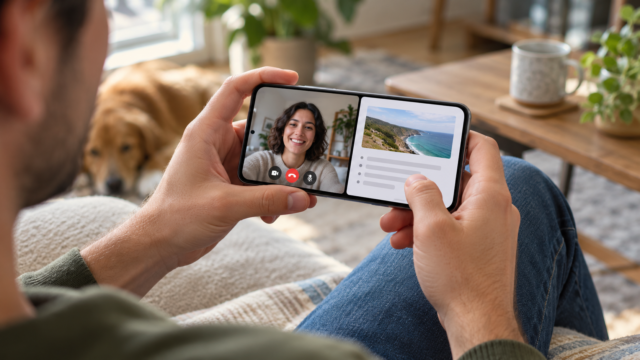 Pessoa usando duas aplicações lado a lado em um smartphone