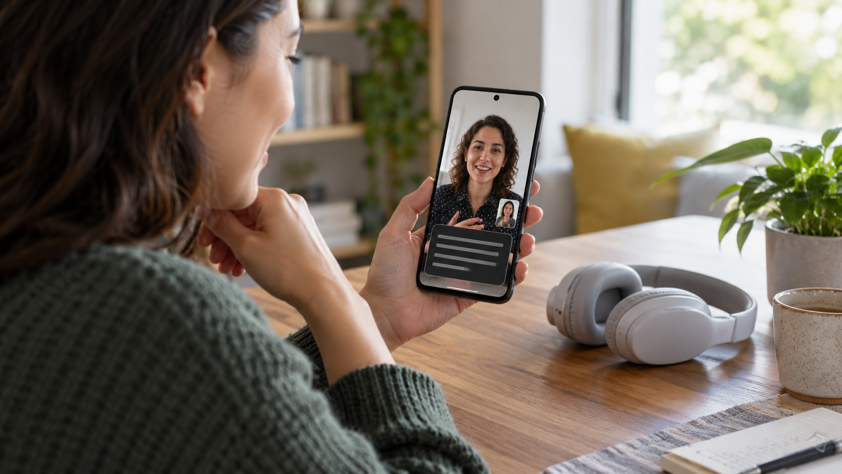 Een persoon die deelneemt aan een videogesprek met live transcriptie op zijn of haar smartphone.
