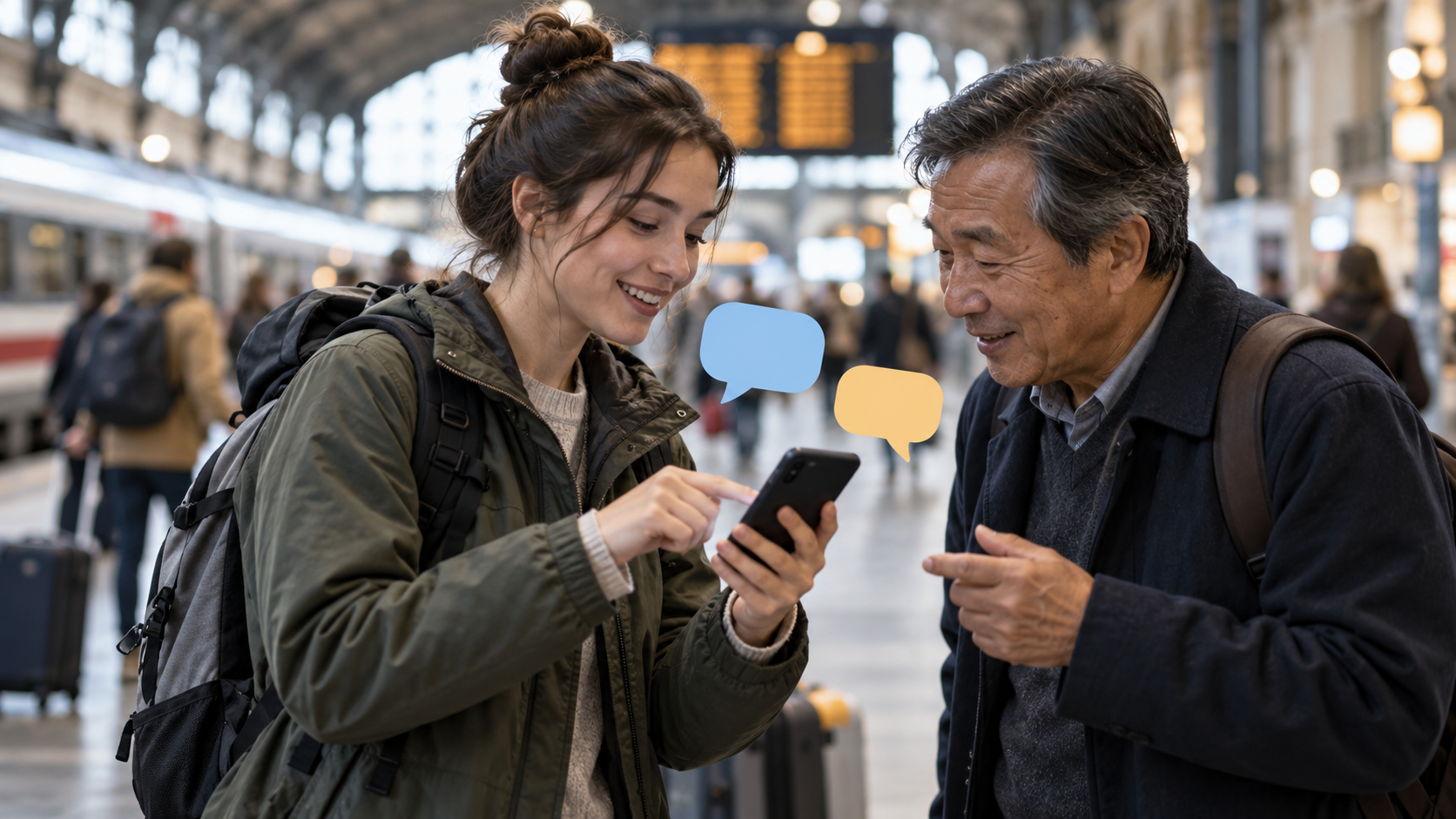Viajante usando tradução no celular em uma estação de trem