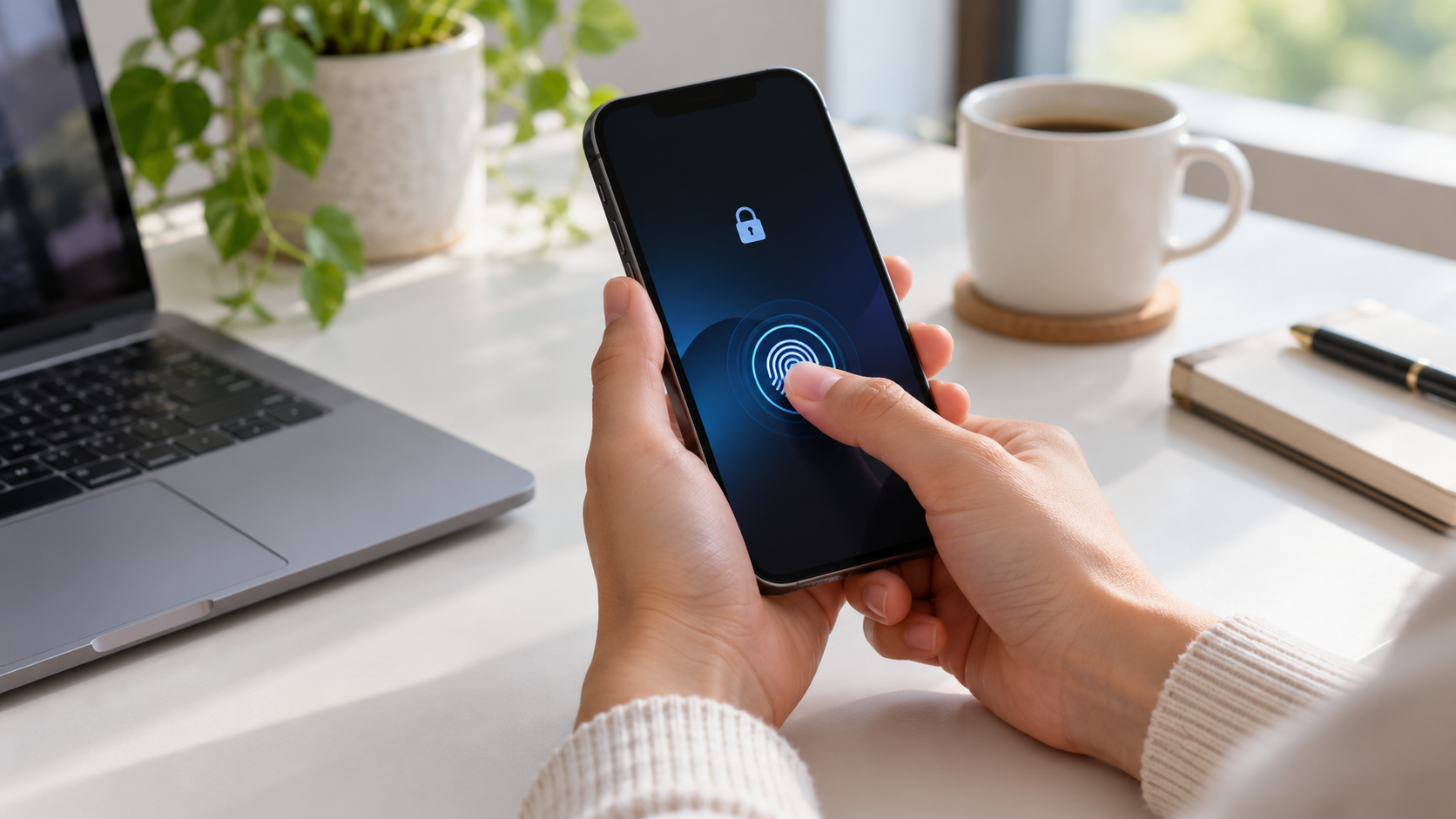 Pessoa usando biometria para abrir um aplicativo no celular