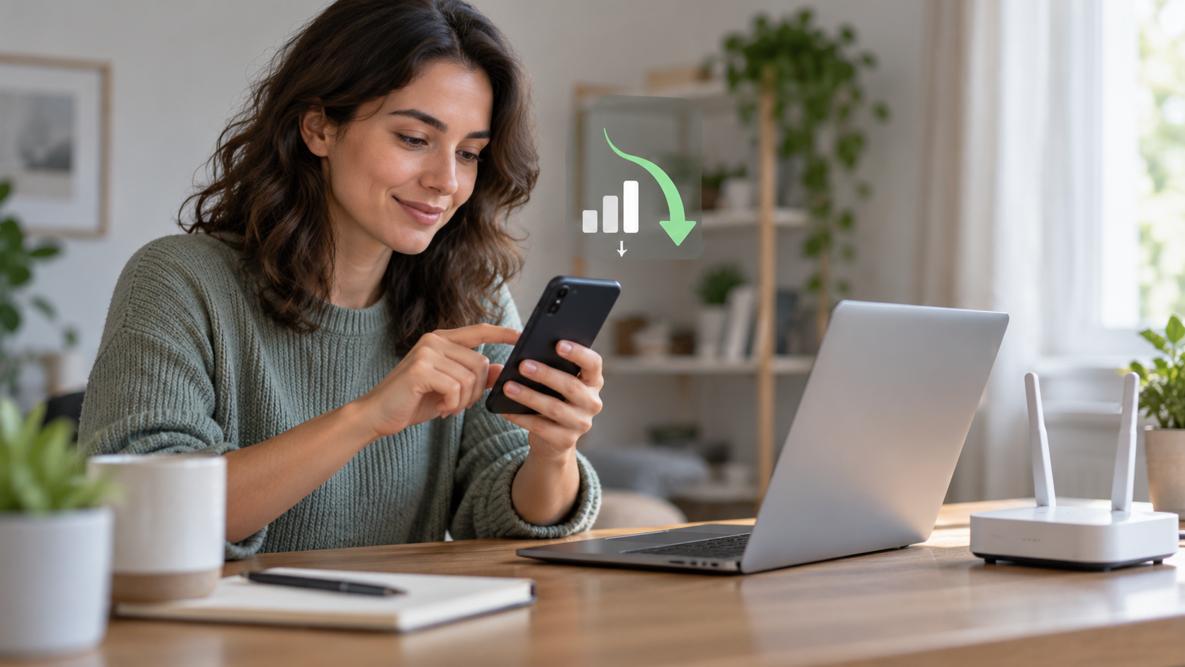 Celular e laptop em uma rede Wi-Fi enquanto o usuário reduz o consumo de dados móveis