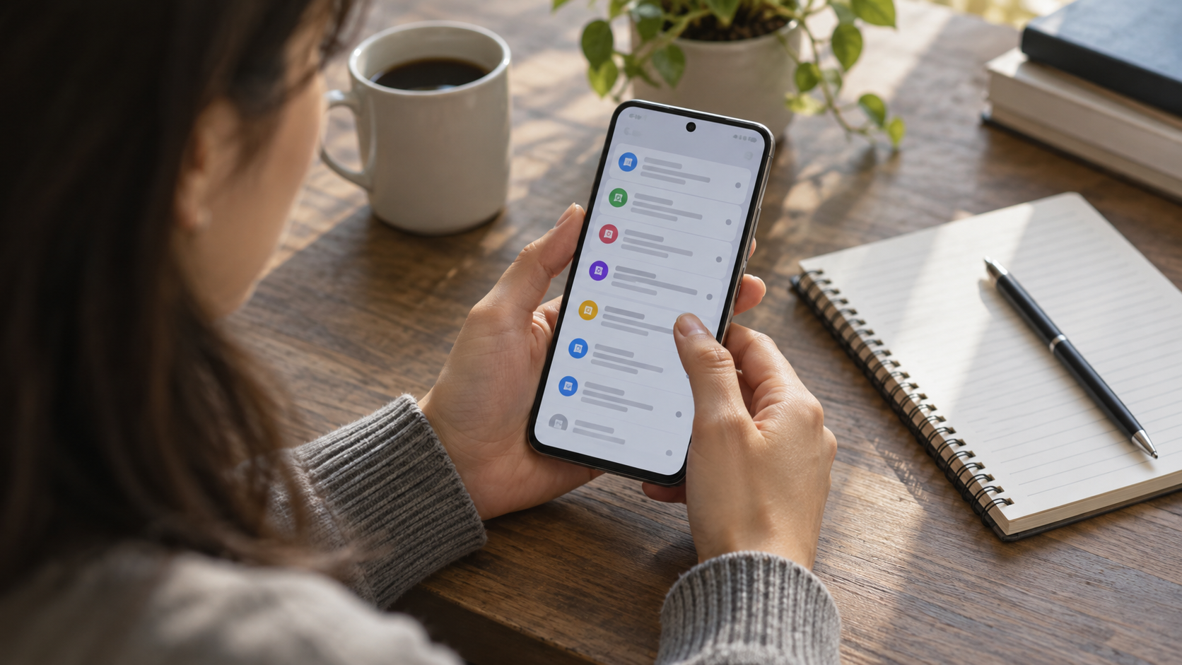 Pessoa revisando alertas perdidos no celular ao lado de um caderno