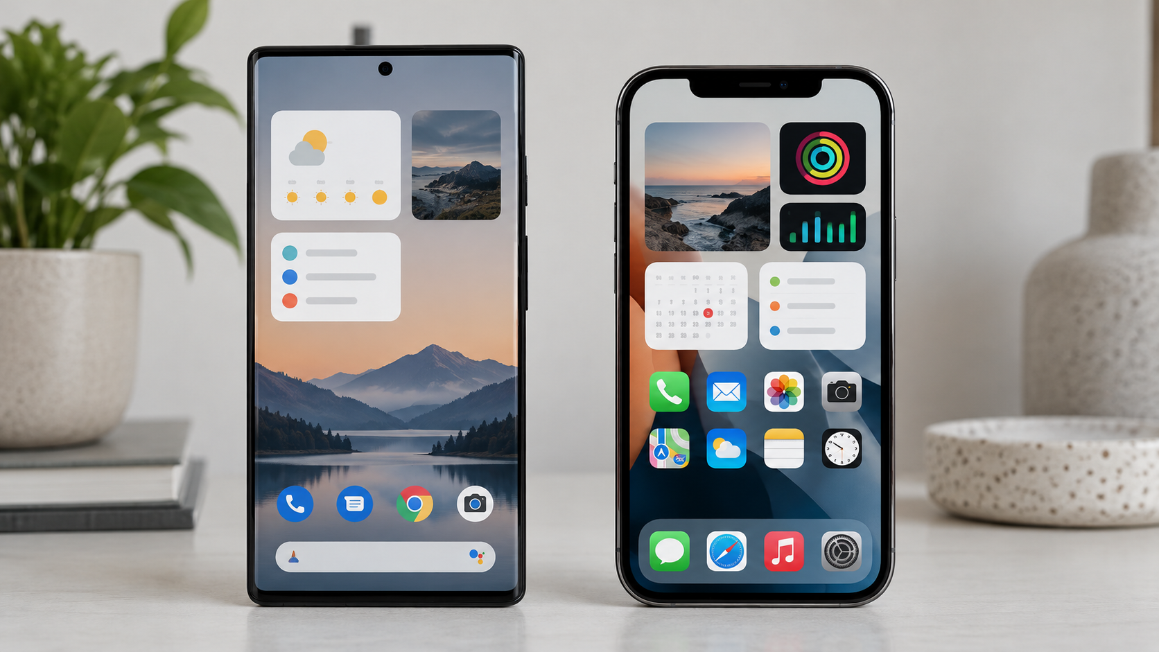 Android e iPhone exibindo telas iniciais organizadas com widgets