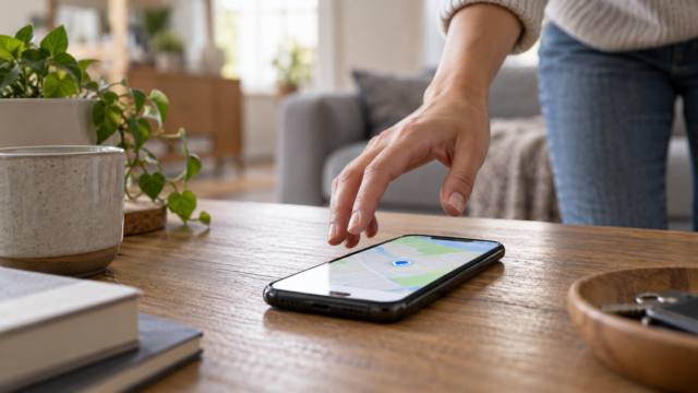 Ein Smartphone liegt auf einem Tisch und zeigt einen allgemeinen Standort an, während sich eine Hand nähert.