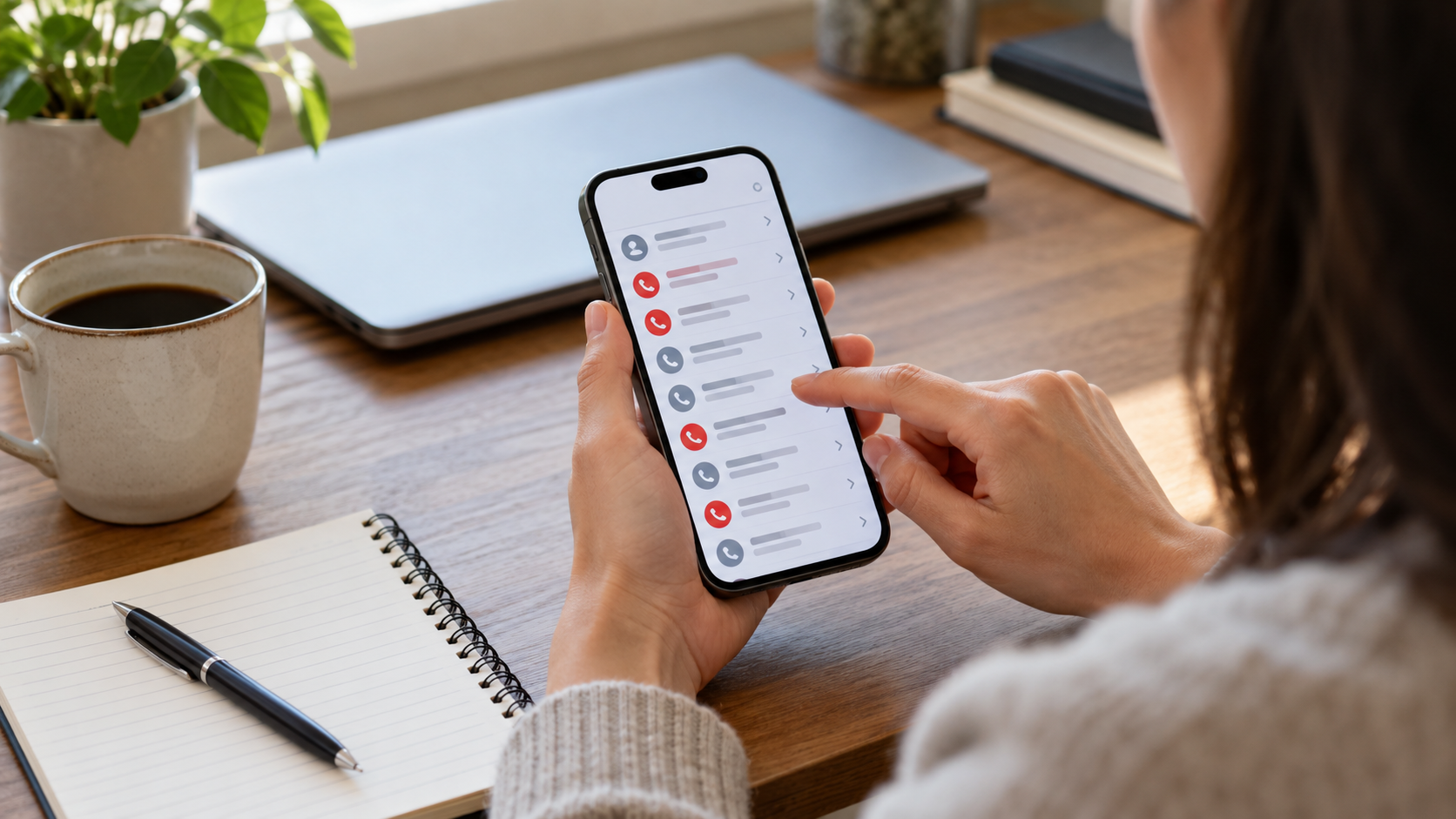 Pessoa revisando uma lista de chamadas recentes no smartphone