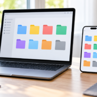 Smartphone, laptop e pastas organizadas para gerenciar downloads