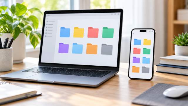 Smartphone, laptop e pastas organizadas para gerenciar downloads
