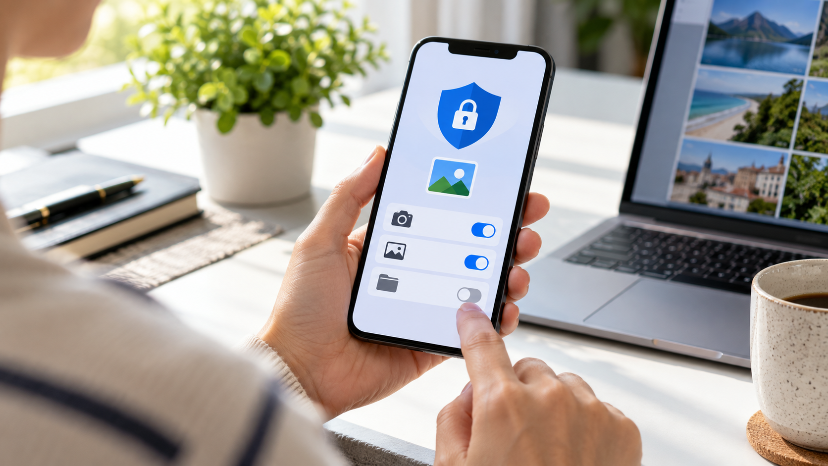 Smartphone com conceito de escudo enquanto o usuário revisa acessos de aplicativos
