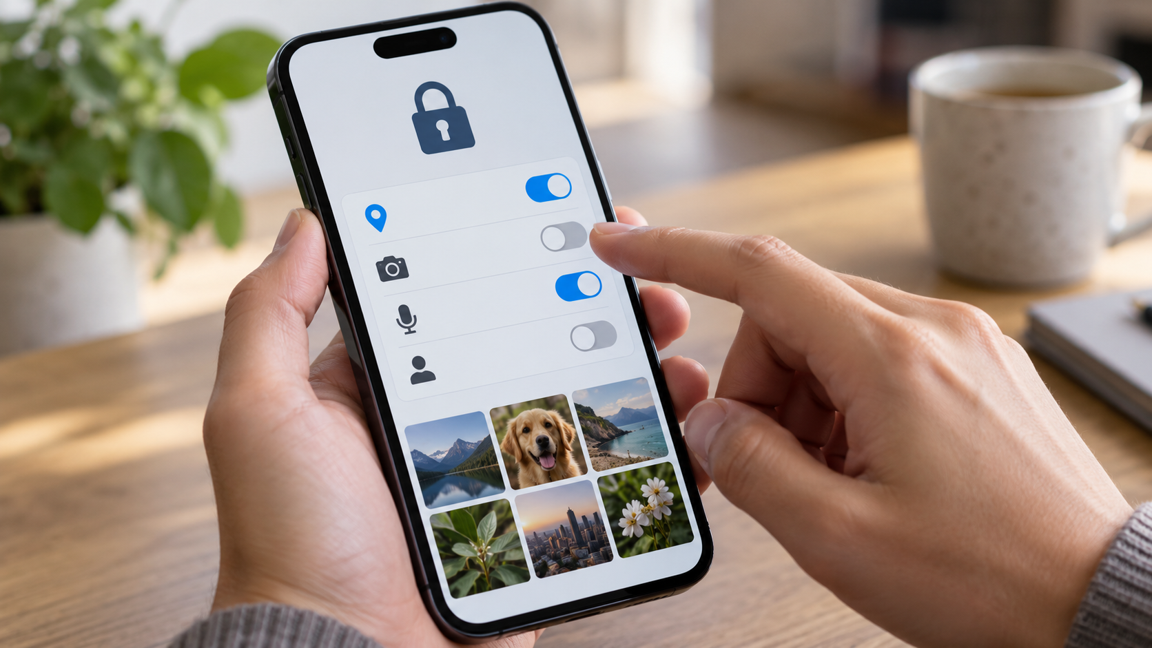 Usuário revisando permissões de fotos e notificações no smartphone