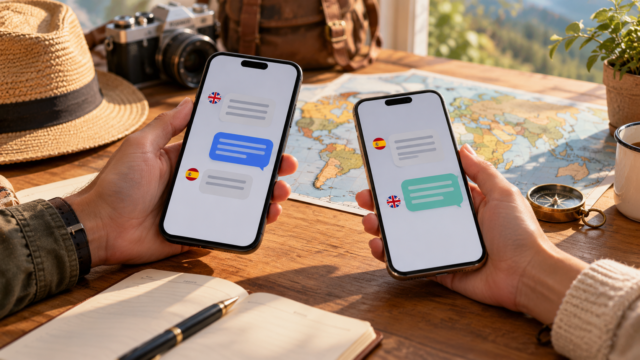Celulares com tradução off-line e mapa de viagem sobre uma mesa