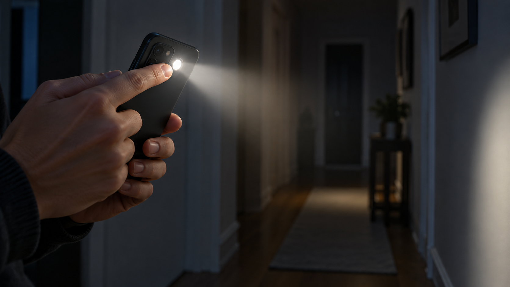 Teclas iluminadas por un teléfono móvil en un entorno oscuro.