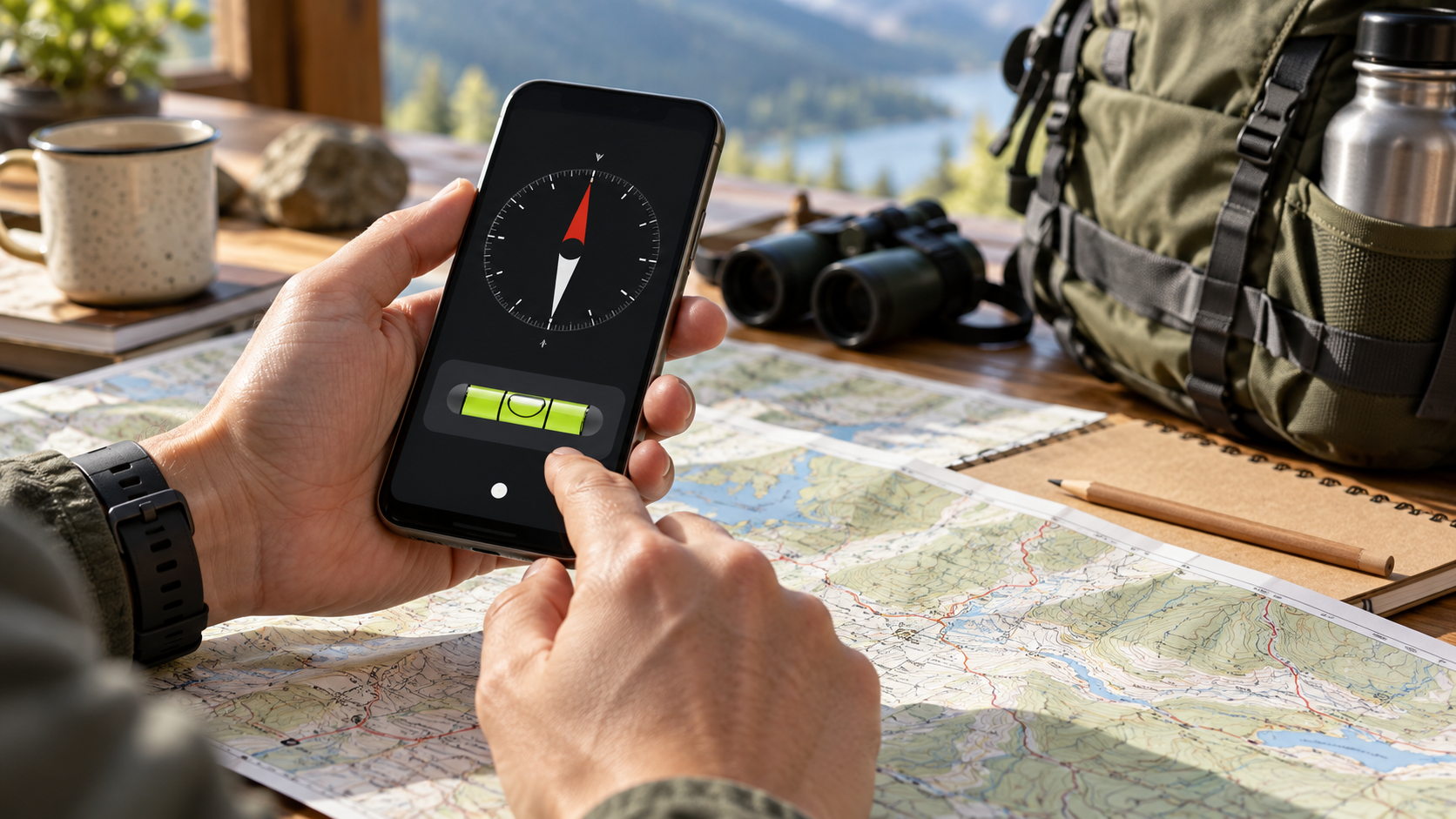 Smartphone mostrando orientação e nivelamento em uma cena de viagem