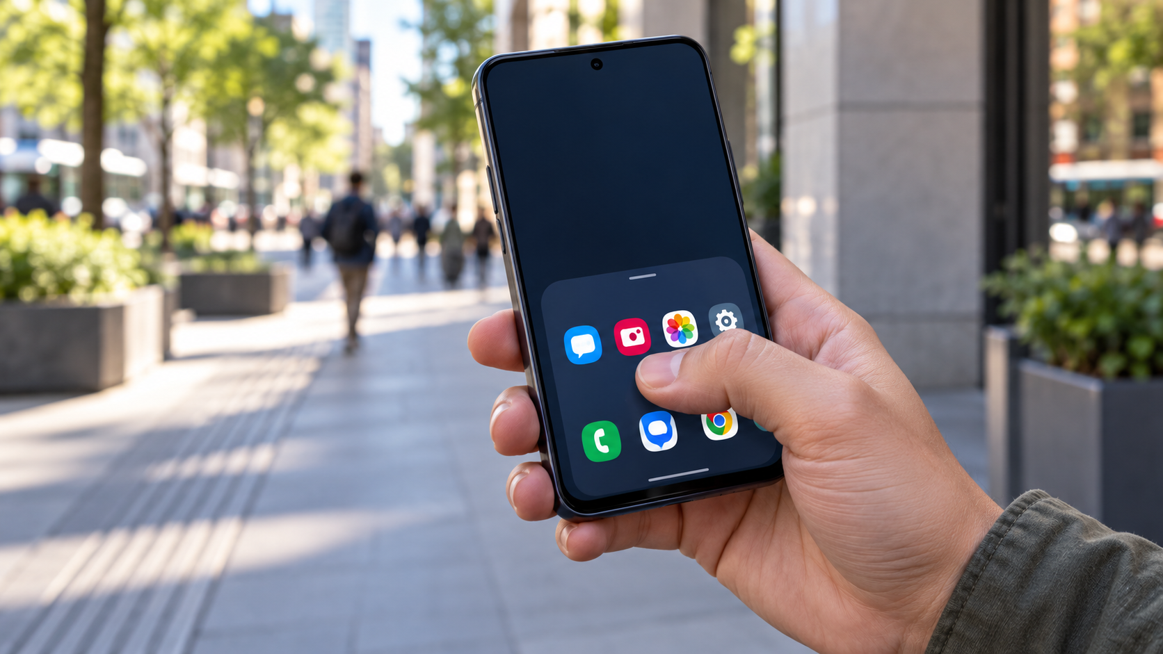 Pessoa alcançando a tela reduzida do celular com o polegar