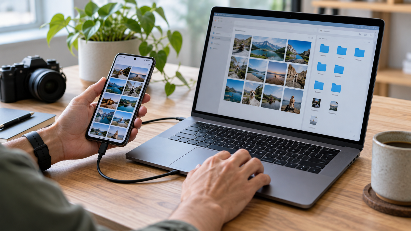 Smartphone conectado a um computador enquanto fotos e arquivos são organizados