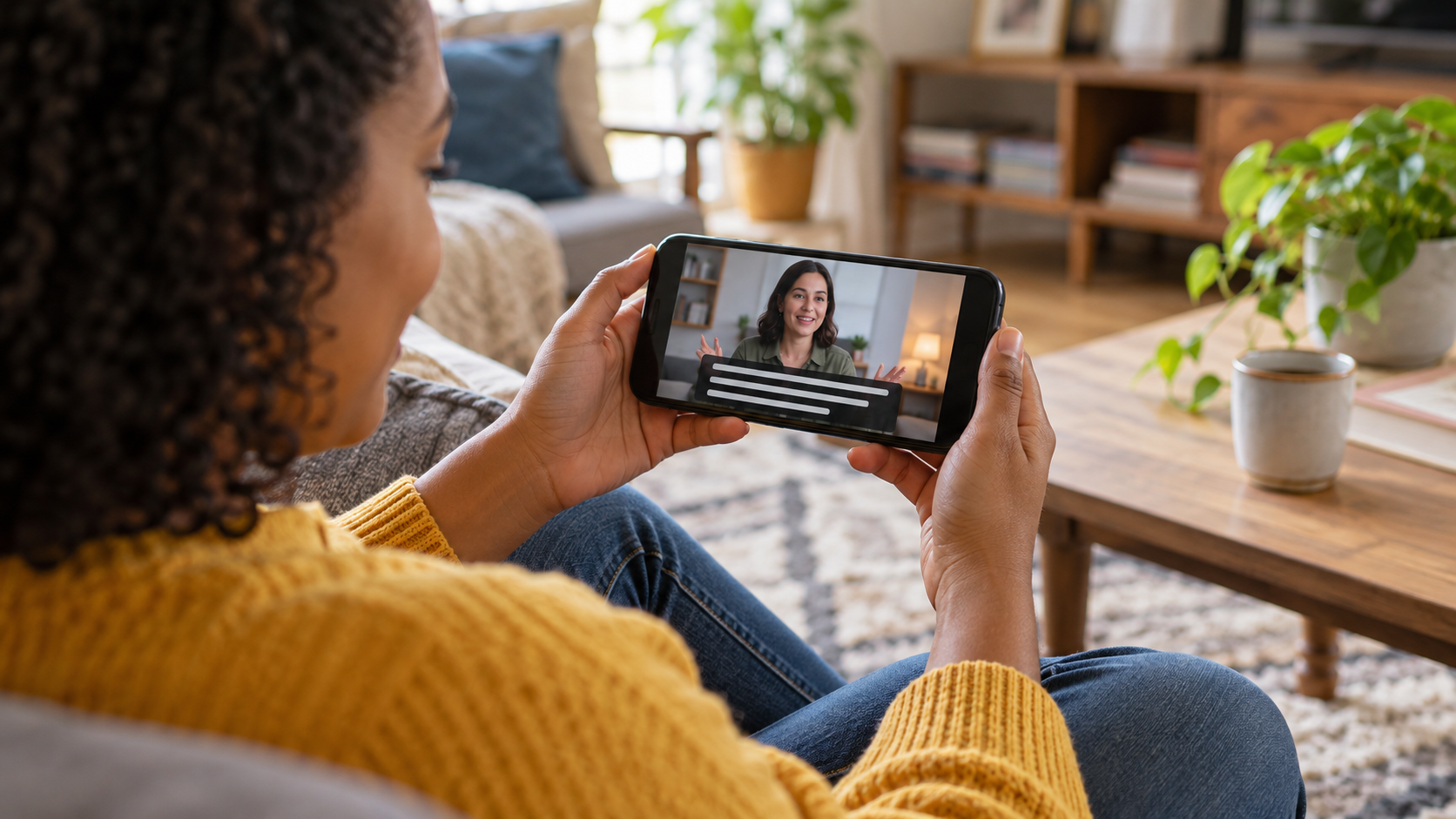 Iemand die een video met standaard ondertitels op een smartphone bekijkt.