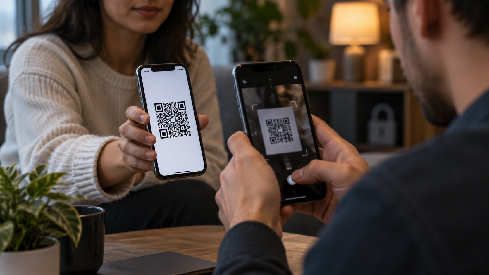 Pessoa escaneando um código QR de Wi-Fi com outro smartphone