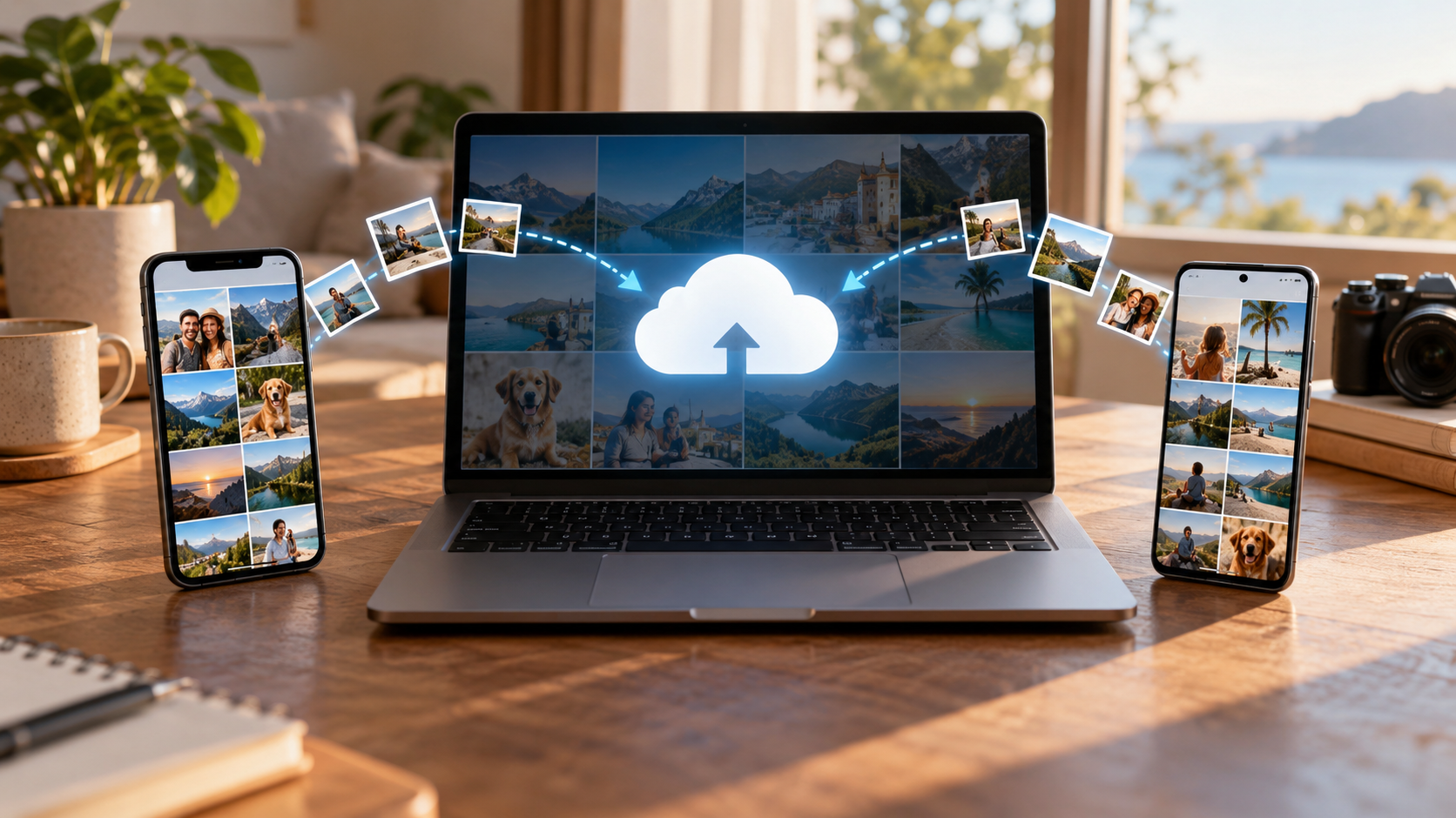 Dois smartphones e um notebook durante o backup de fotos