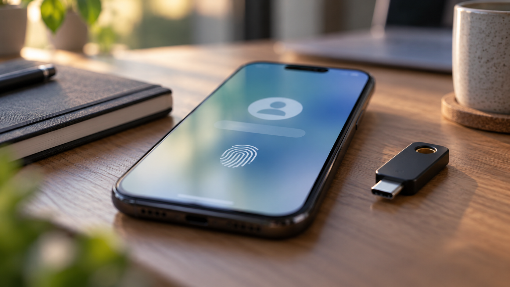 Smartphone e chave de segurança física sobre uma mesa de trabalho
