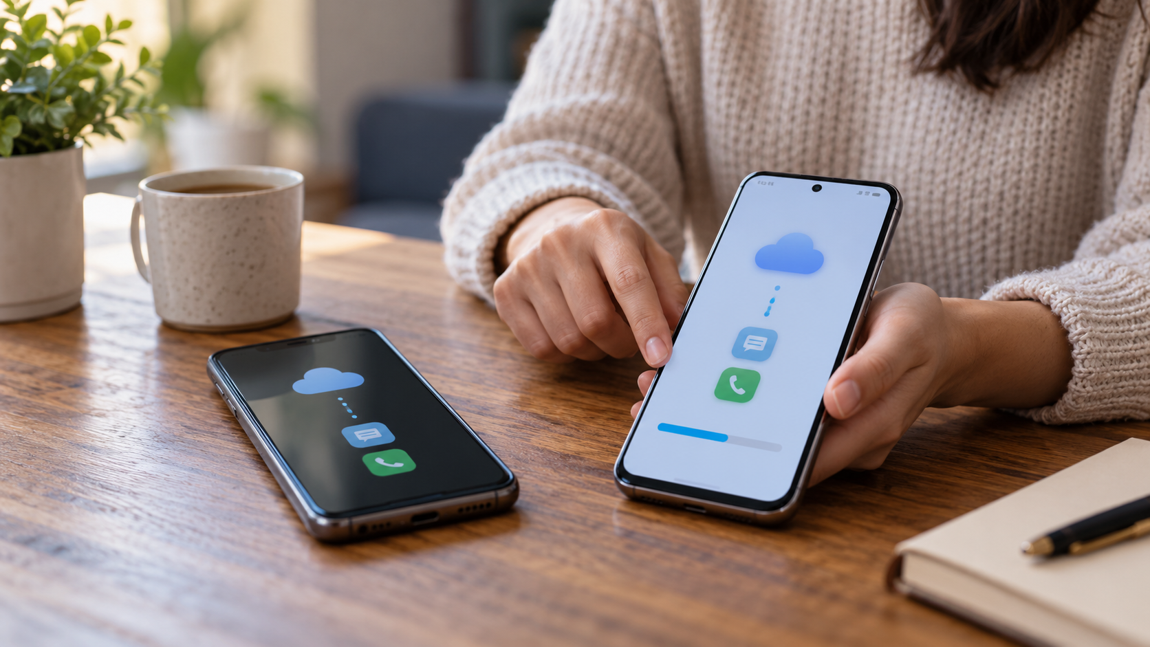 Pessoa configurando um novo smartphone ao lado do aparelho antigo