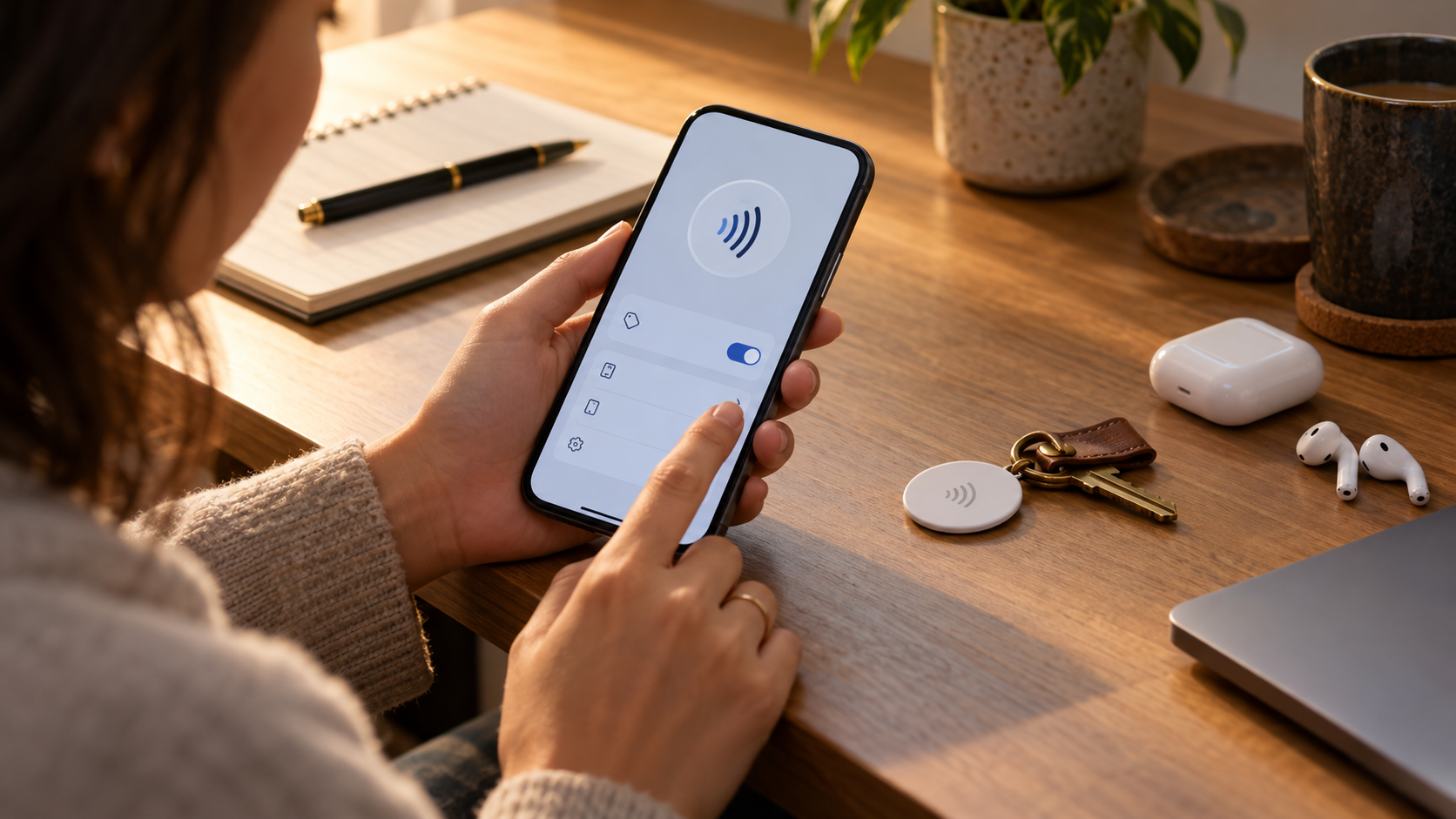 Pessoa configurando NFC no celular ao lado de uma etiqueta NFC