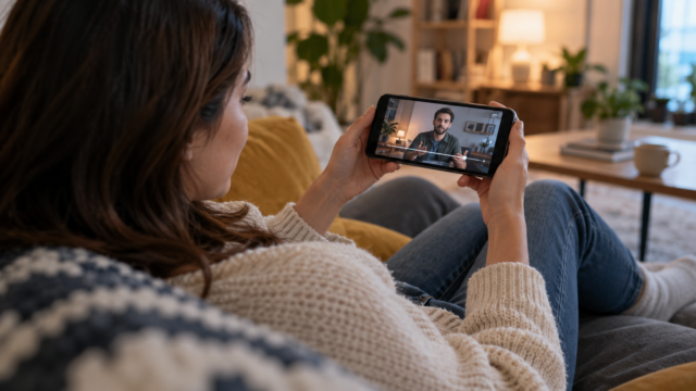Pessoa assistindo a vídeo com legendas automáticas no smartphone