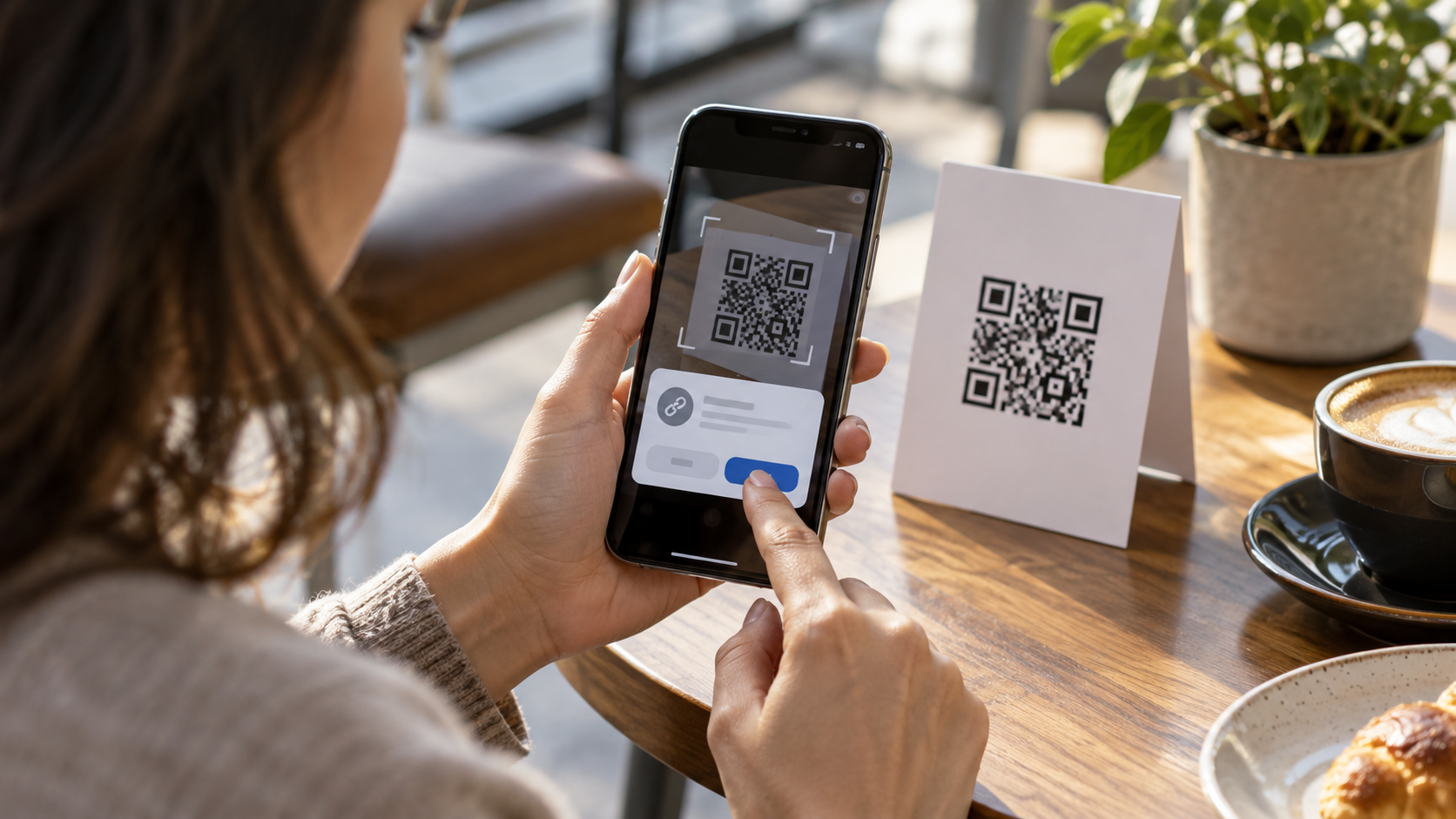 Smartphone pointed at a QR code on a printed card.