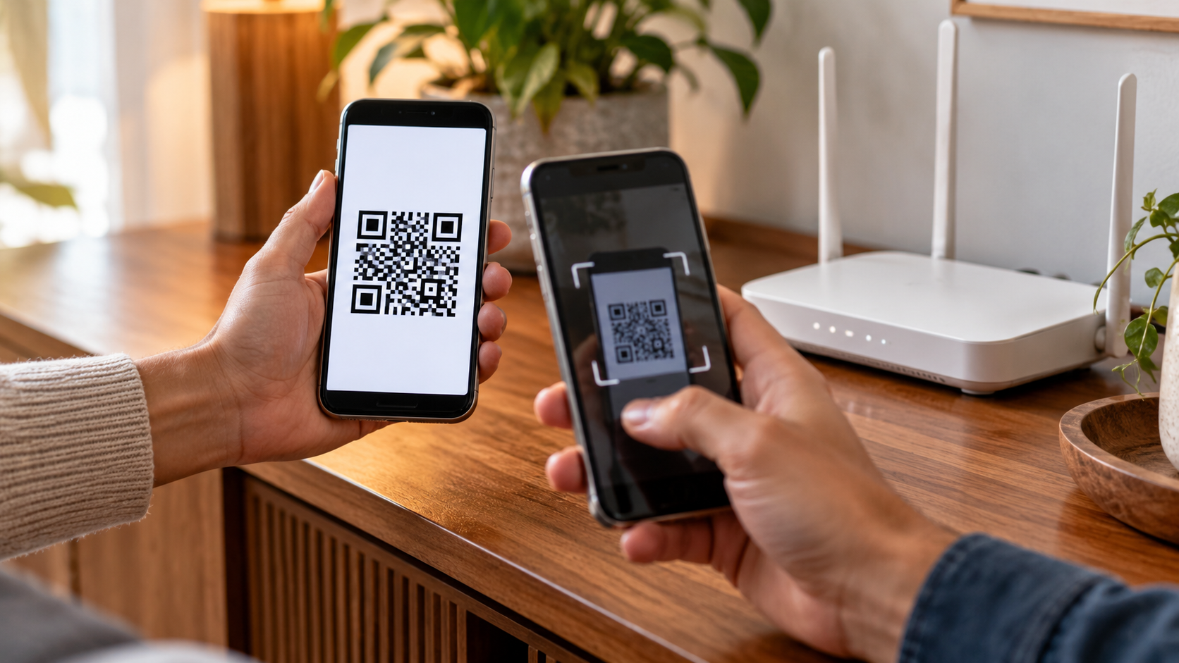 Dois smartphones próximos a um roteador exibindo um código QR de Wi-Fi