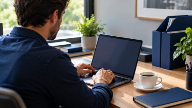 Homem trabalha em notebook sobre mesa com pastas azuis e xícara branca