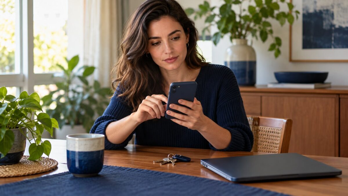 Mulher usando o celular em uma mesa de casa, com chaves físicas e notebook fechado