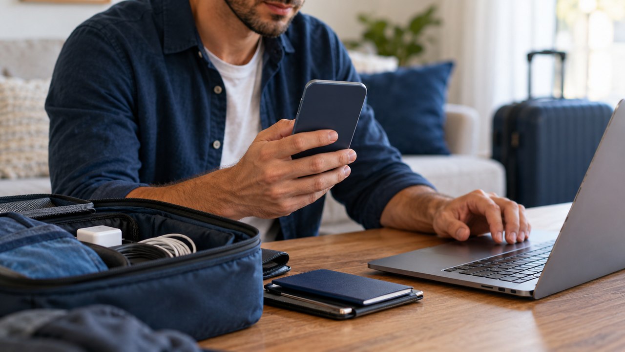 Homem conferindo o celular ao lado de um notebook e de uma bolsa de viagem