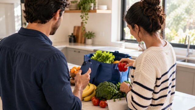 Duas pessoas organizam frutas e verduras na cozinha enquanto consultam um celular
