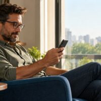 Homem lendo no celular em uma poltrona próxima à janela