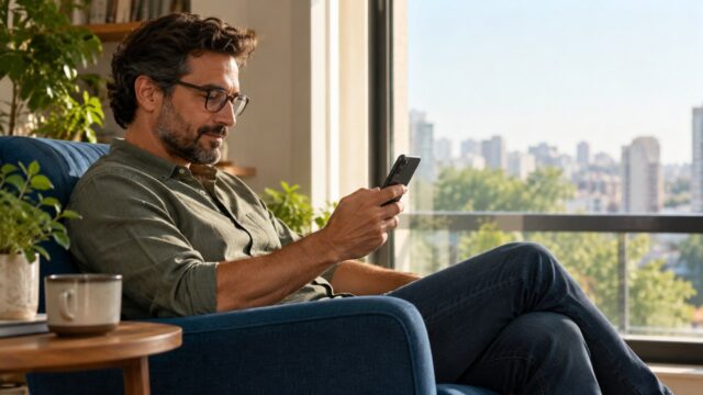 Homem lendo no celular em uma poltrona próxima à janela