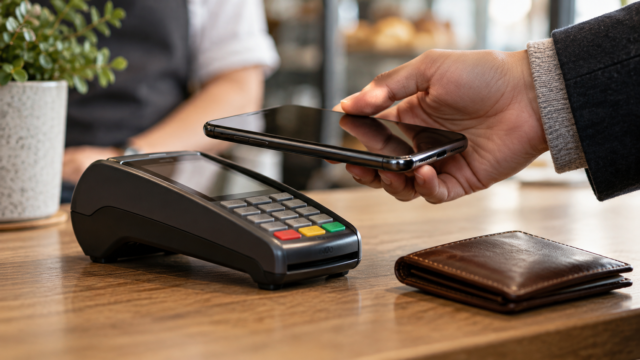 Pessoa aproximando um smartphone de um terminal de pagamento por aproximação.