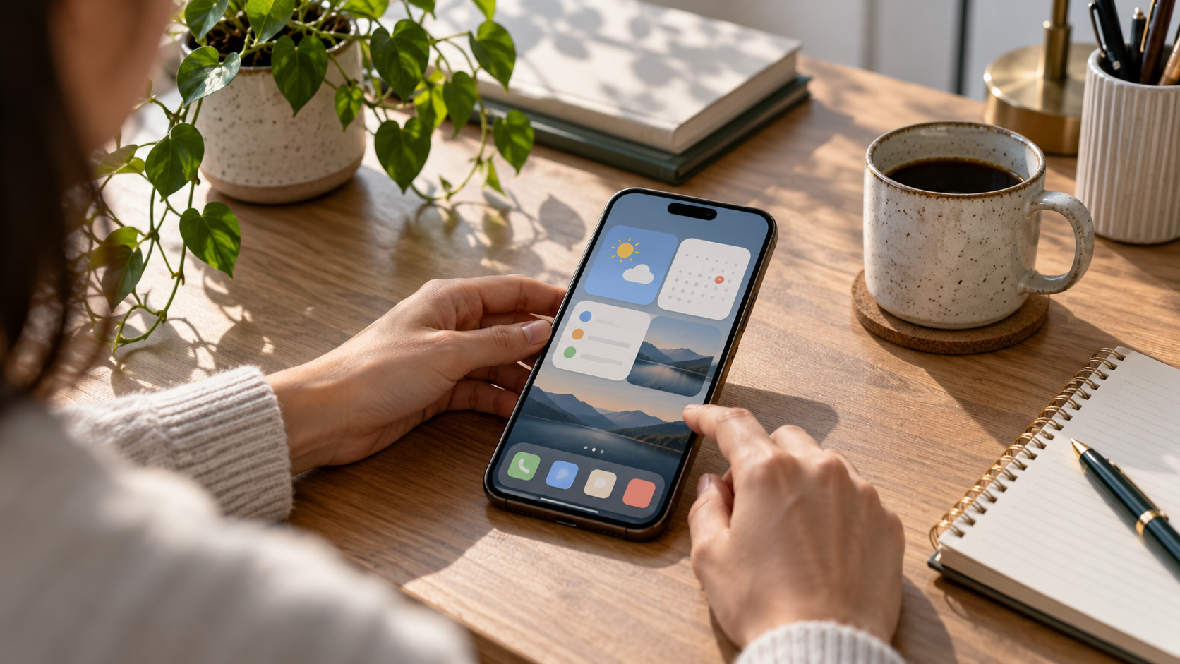 Bir kişi masanın üzerinde akıllı telefonundaki uygulamaları düzenliyor.