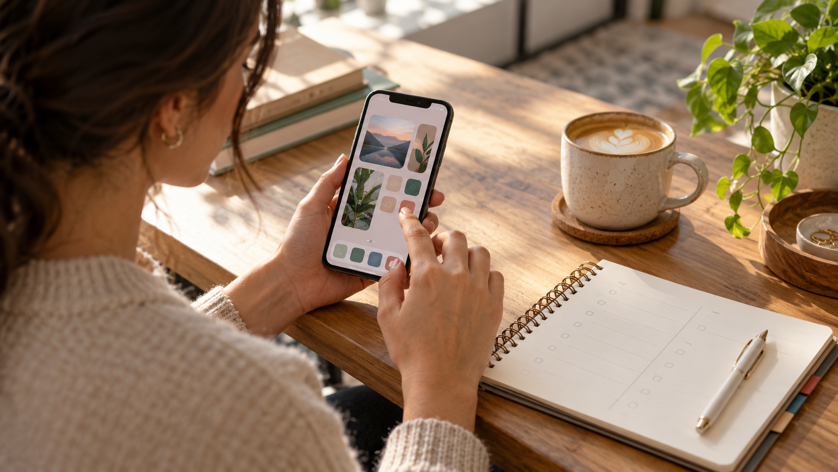Tela de smartphone com widgets de calendário, clima e tarefas organizados